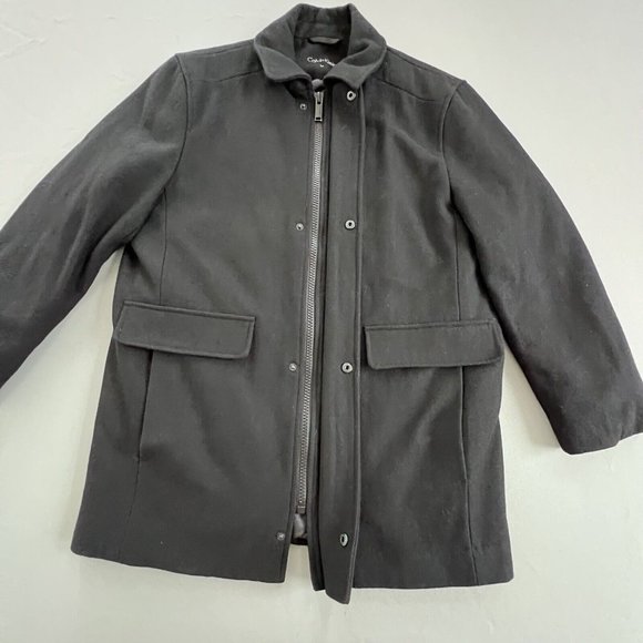 Calvin Klein Men Coat Wool Blend Size MEDIUM Black Hidden Zipper Snap Collared - Picture 2 of 8